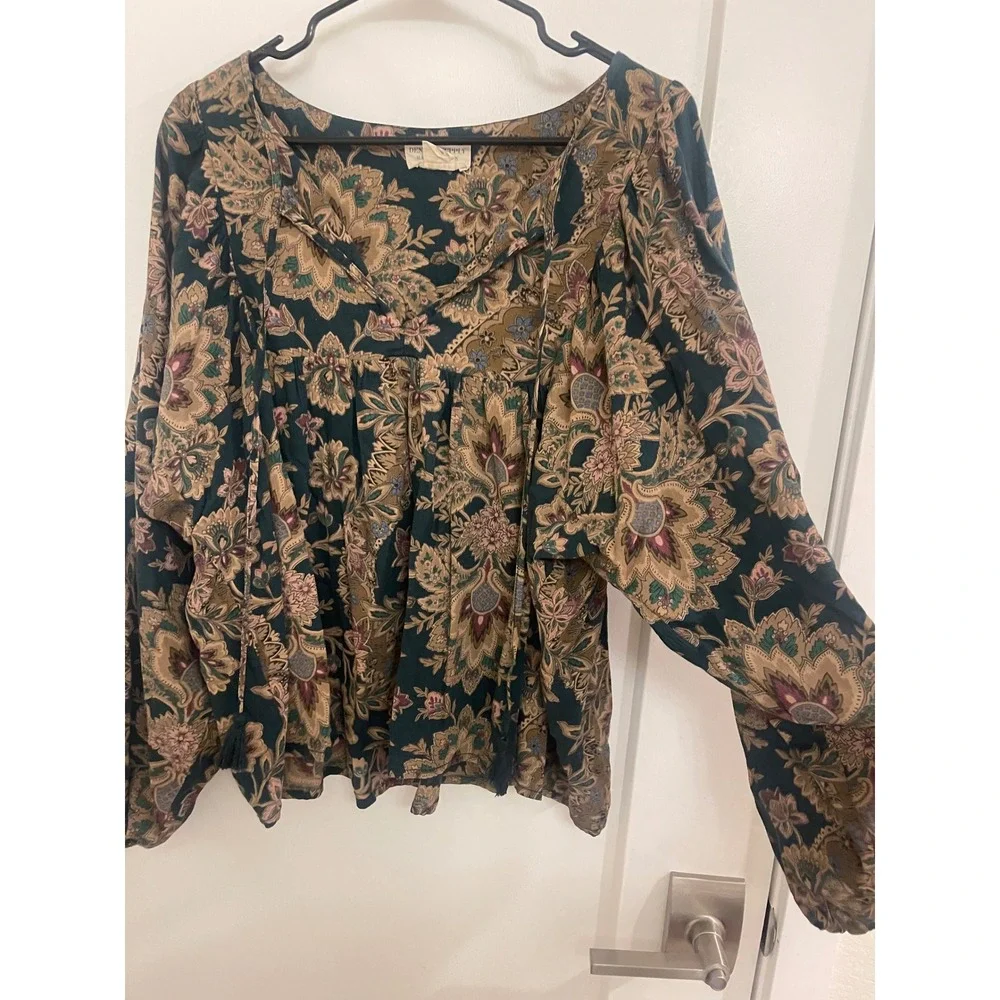Ralph Lauren Denim Supply Green Boho Puff Sleeve Blouse V Neck